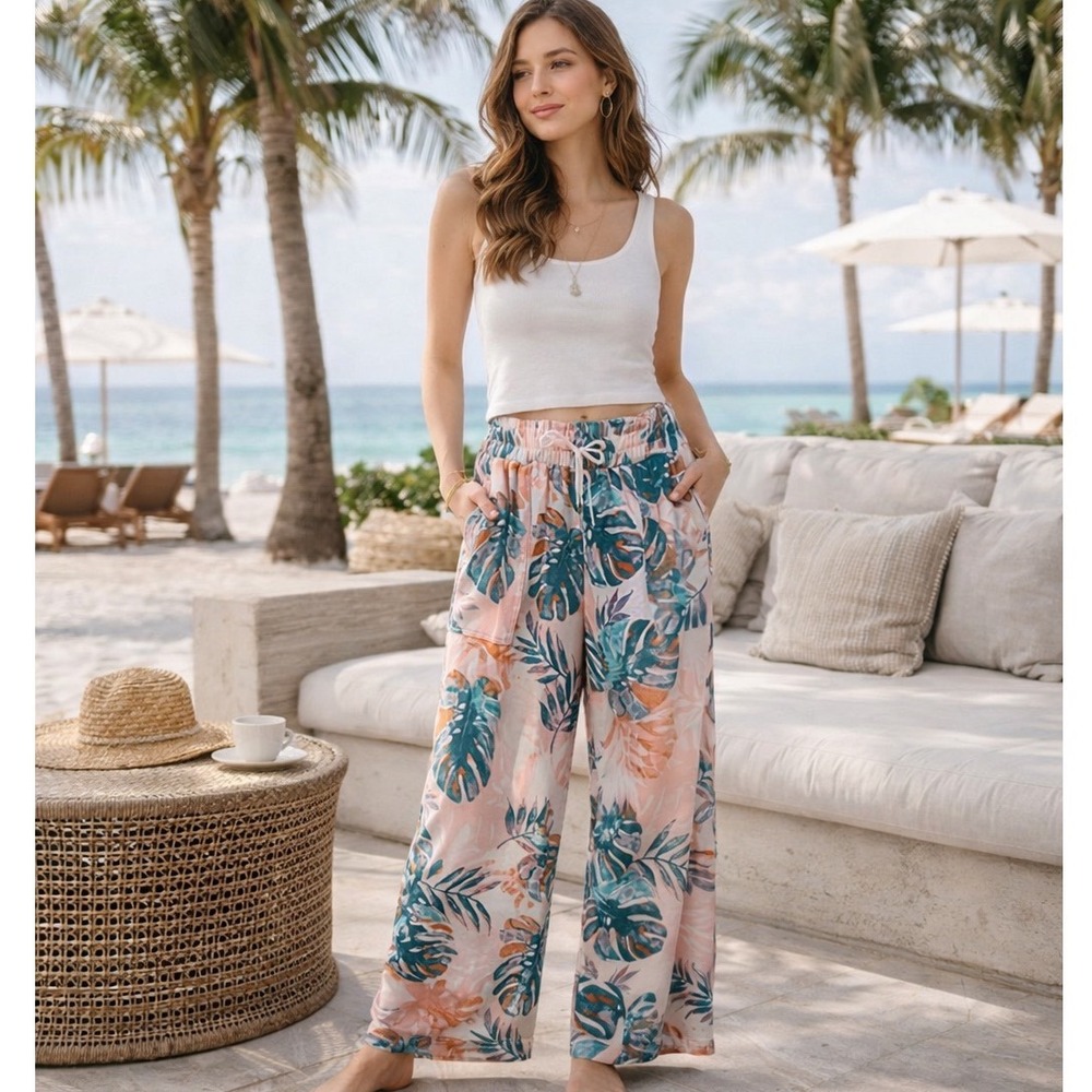 Zac & Rachel Tropical Print Pull On Pants Size Medium Pink Teal Wide Leg Lounge
